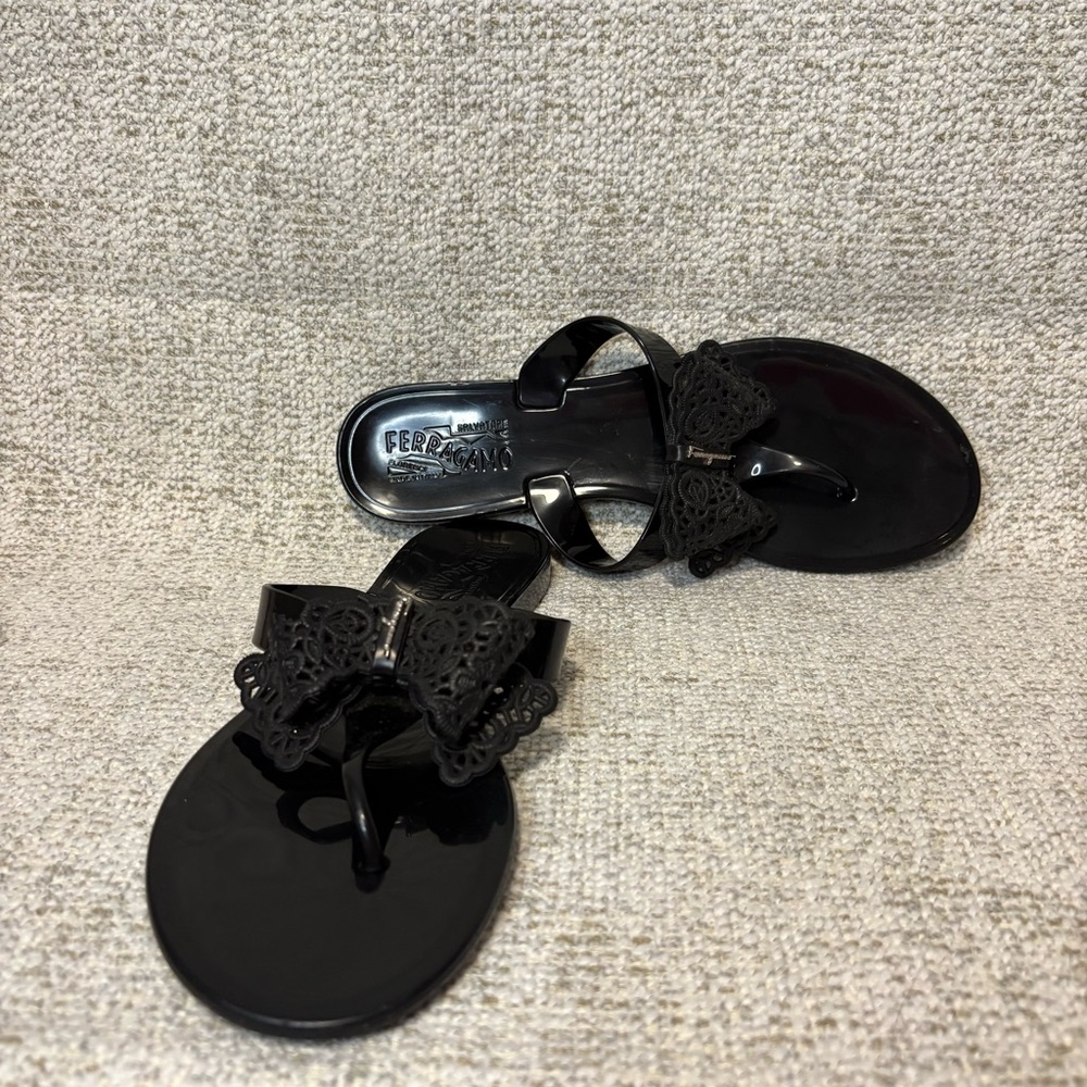 Salvatore Ferragamo Lace Bow Tie, Black Jelly Sandals
